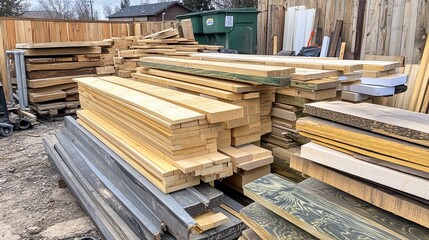 Fototapeta premium An assortment of wooden planks, cut into various lengths, stacked in an orderly manner, forming a pile at a residential property. 