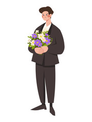 Man with flowers. Groom in black suit holds bouquet of flowers. Flat vector character