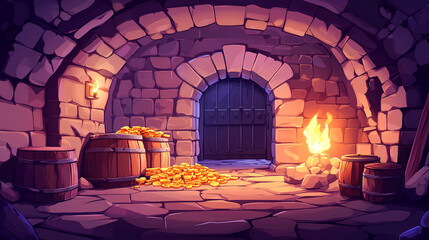 Medieval castle dungeon with stone walls, grid gates entrance, torch flare and pile of treasure on floor. Cartoon game vector ancient palace building interior with wood chest and barrel, gold and gems