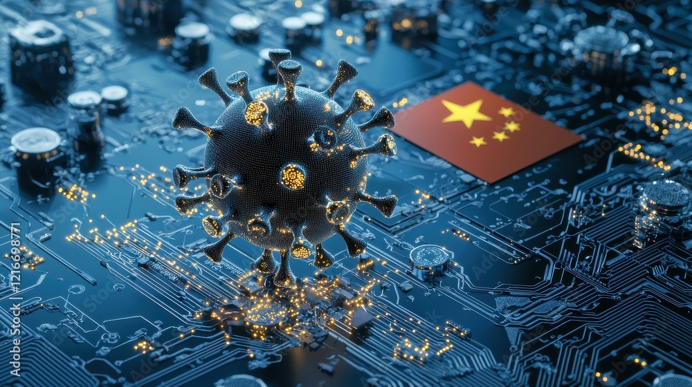 Poster digital virus particle featuring chinese flag on a circuit board digital art technology environment 