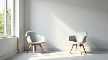Serene Minimalist Interior with Two Light Gray Armchairs and Sunlight Streaming Through a Window