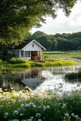 Obraz premium Charming cottage by the serene lake surrounded by lush greenery and vibrant wildflowers in the golden hour light. Generative AI