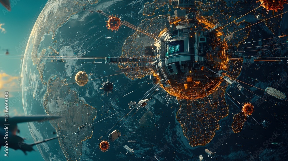 Poster viruses spreading across the globe dramatic visualization of viral icons traveling on global standar