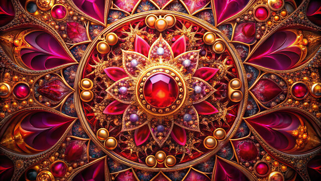 Intricate ruby gemstone design with golden accents and floral patterns