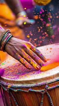 A Symphony of Color: A hand adorned with colorful bangles, a canvas of vibrant powder, and a rhythmic drumbeat. Holi festival in India. A burst of colors, celebrating unity and joy.  