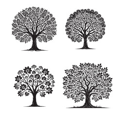 4 set of vector Black Silhouette of the Sassafras Tree on White Background