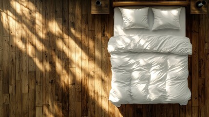 Sunlit bedroom, wooden floor, unmade bed, top view, morning light
