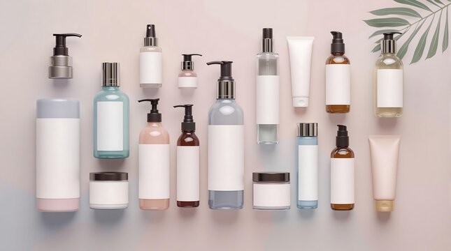 A set of cosmetic product mockups, including bottles, jars, and tubes, arranged symmetrically on a pastel background.