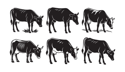 set of cow silhouette, black and white silhouette, vector and illustration