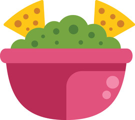 This illustration shows a pink bowl containing guacamole and two tortilla chips, representing a common appetizer