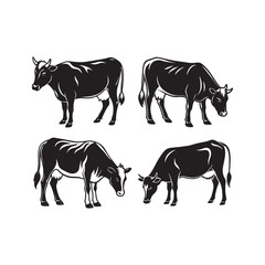 set of cow silhouette, black and white silhouette, vector and illustration