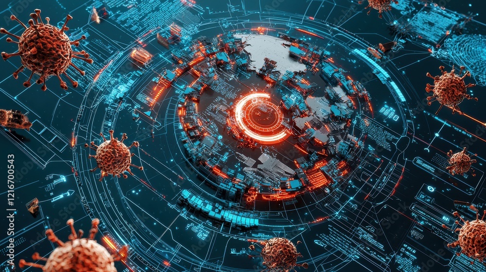 Fototapete Futuristic pandemic response map displaying outbreak patterns global scale digital interface high-tech environment data visualization concept