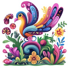 Obraz premium Vibrant Colorful Bird in Floral Paradise Whimsical Digital Illustration.