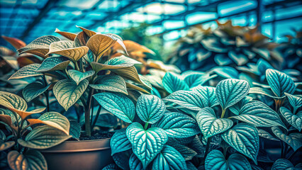 Obraz premium Lush greenhouse plants with vibrant leaves create serene atmosphere
