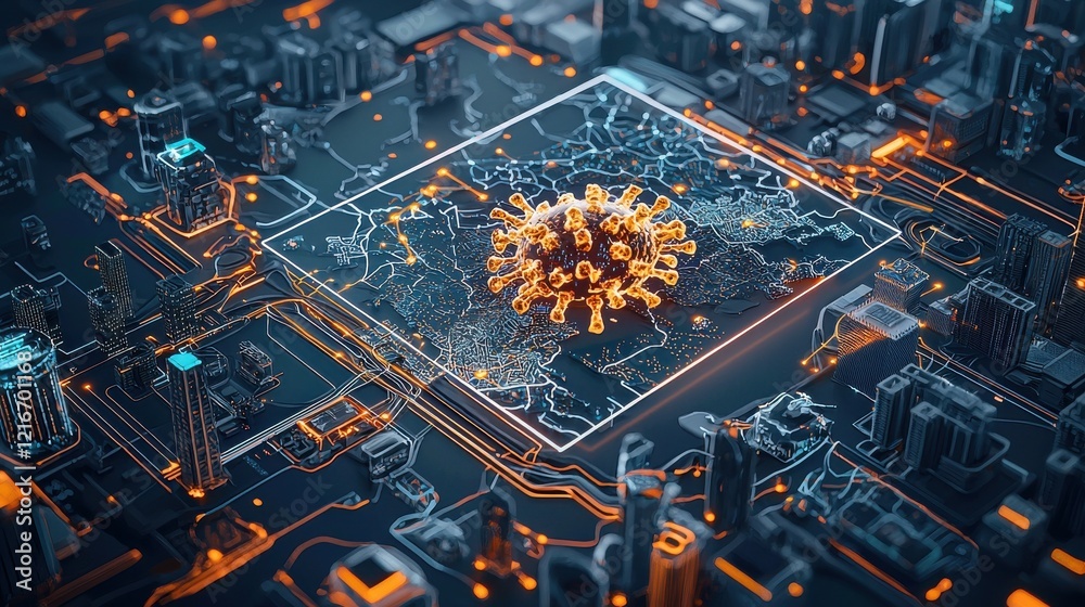 Aufkleber global virus alert interactive map with warning signals digital landscape cybersecurity awareness vi