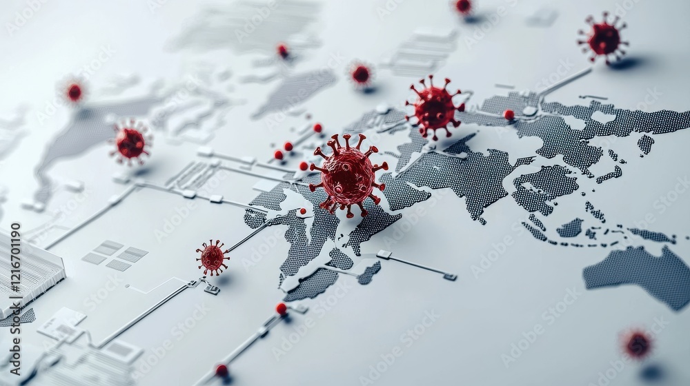 Aufkleber global virus alert map with warning signals and red icons indicating pandemic regions