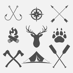 Outdoor adventures graphic icon set.  Signs isolated on white background. Explore and discovery symbols. Vector illustration