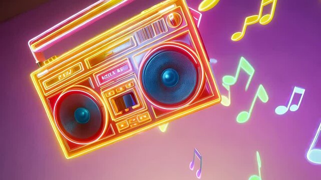 A vibrant neon boombox on a pastel purple background with animated music notes and swirling lines.