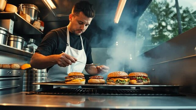 A chef flipping gourmet burgers on a grill inside a sleek food truck as smoke wafts into the air.