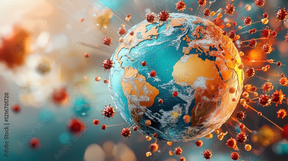 Aufkleber visual representation of earth surrounded by virus particles global impact digital artwork scientifi