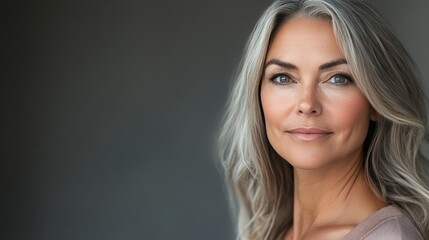 Fototapeta premium Portrait of a middle-aged woman with clear, beautiful skin and ash-colored hair. The soft lighting highlights the natural expression of her face against a gray neutral background with a copy space.