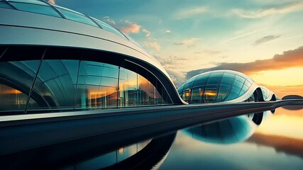 Modern architectural marvels with curved glass structures reflecting on tranquil water at sunset