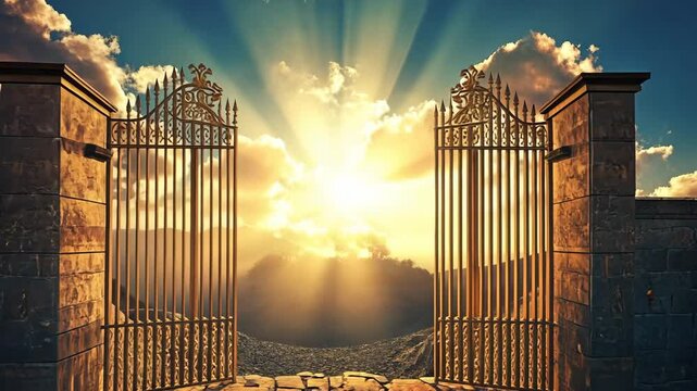 An open golden door to the Kingdom of Heaven, overlooking the sky and paradise