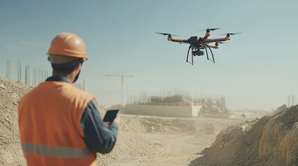 A construction worker controls a drone on a construction site, observing the area with a smartphone in his hand