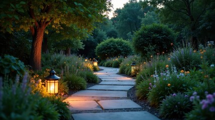 Illuminated Garden Path at Dusk A Serene Landscape Featuring a Winding Stone Walkway, Ornate Lanterns, and Lush Blooming Flowers, Creating a Tranquil Evening Ambiance