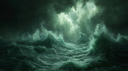 Dark stormy sea with large waves and ominous clouds.