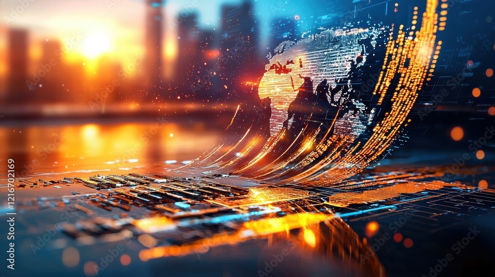 Poster Virus particles moving across the digital standard global network visual representation urban environment dynamic perspective symbolic concept