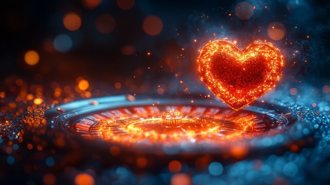 Beautiful roulette wheel is decorated with a colorful bright heart surrounded by sparkling chips and hearts symbolizing love and luck.