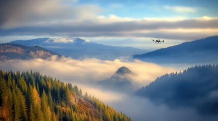 Fototapeta premium carbon disaster recovery concept. Breathtaking mountain landscape with fog and a plane flying overhead.