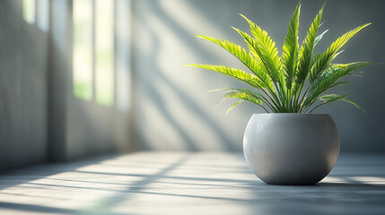 Fototapeta premium Green plant in white pot on wooden floor with sunlight from window.