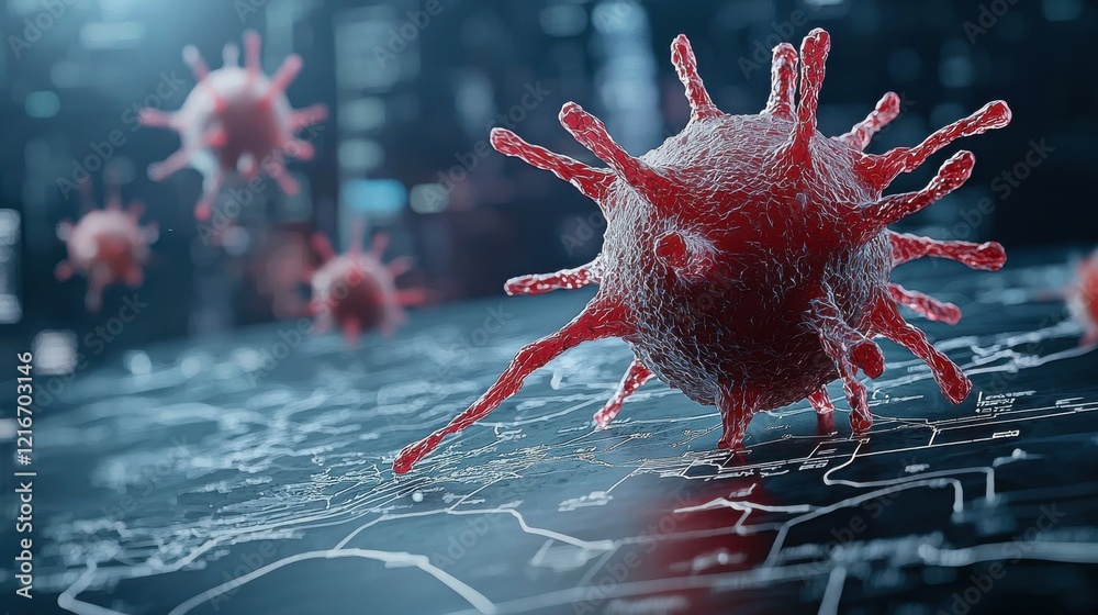 Poster Floating virus model above map of china global health impact analysis digital visualization scientific perspective