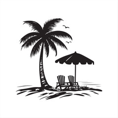 Relaxing Beach with Palm Trees and Lounge Chairs isolated Vector Silhouette on White Background