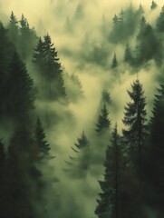 Fototapeta premium Misty forest, evergreen trees shrouded in fog.