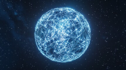 Obraz premium A glowing globe of interconnected neon lines, representing digital networks, set against a starry space background; 3D illustration, futuristic, blue and silver hues, high detai