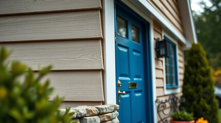 Modern House Exterior with Blue Door and Beige Wood Siding. Beautiful Home Design and Architecture. Real Estate and Property