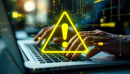 Cybersecurity warning on laptop screen with a caution symbol and hands on keyboard