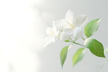 Fototapeta premium Fragrant Jasmine Blossom: Close-up Photo of Delicate White Flower with Lush Green Leaves spa bloom 