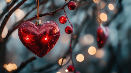 A Delicate Tapestry of Love: Three Vibrant Red Hearts Nestled Among Delicate Pink Blossoms, Creating a Romantic and Enchanting Composition Against a Marble Backdrop