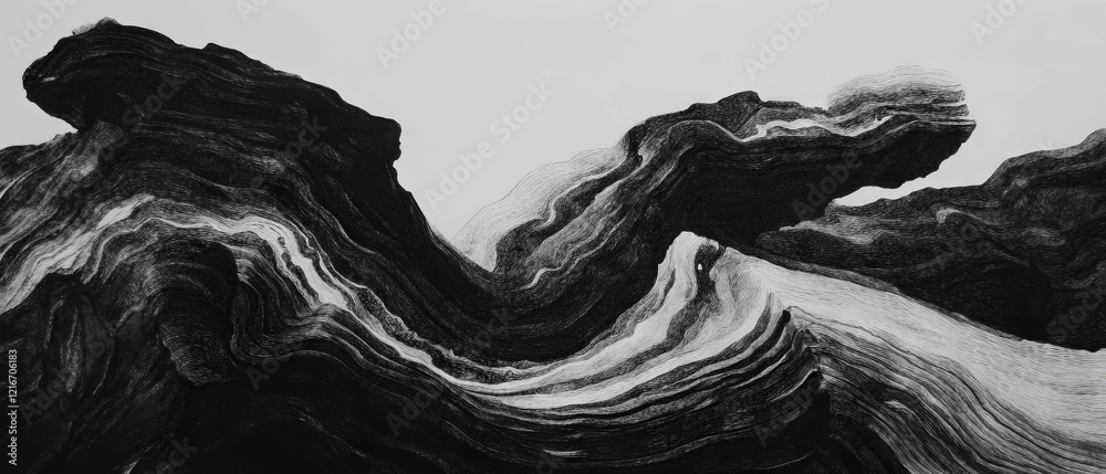 Aufkleber Dynamic black ink texture flowing across a smooth white canvas in intricate designs