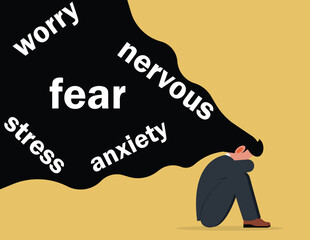 Mental health concept. Sad lonely Businessman sitting and hugging her knees