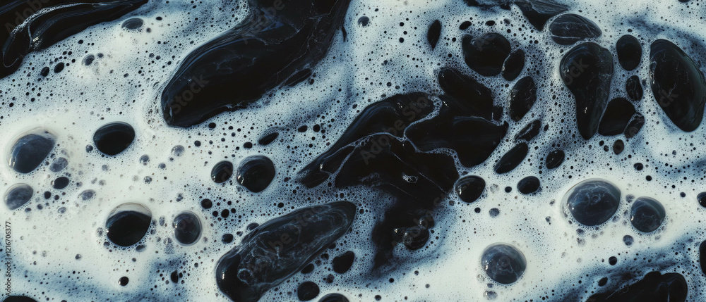 Poster Unique patterns created by black ink on textured sponge with a porous white background