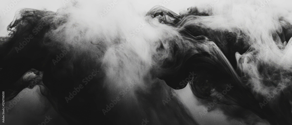 Poster Black ink diffusion creates a dynamic texture on an immaculate white background