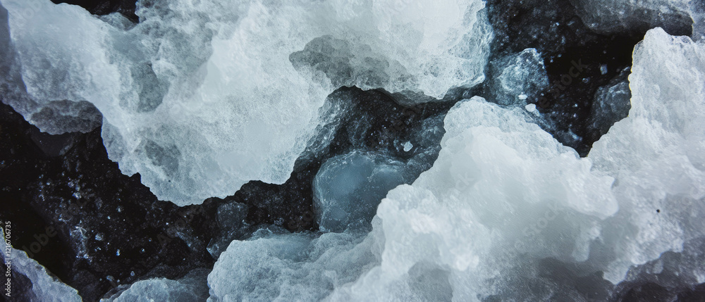 Poster black ink and salt crystallization create intricate textured patterns on a grainy surface