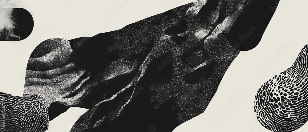 Poster intricate black ink patterns flowing across a crisp white background