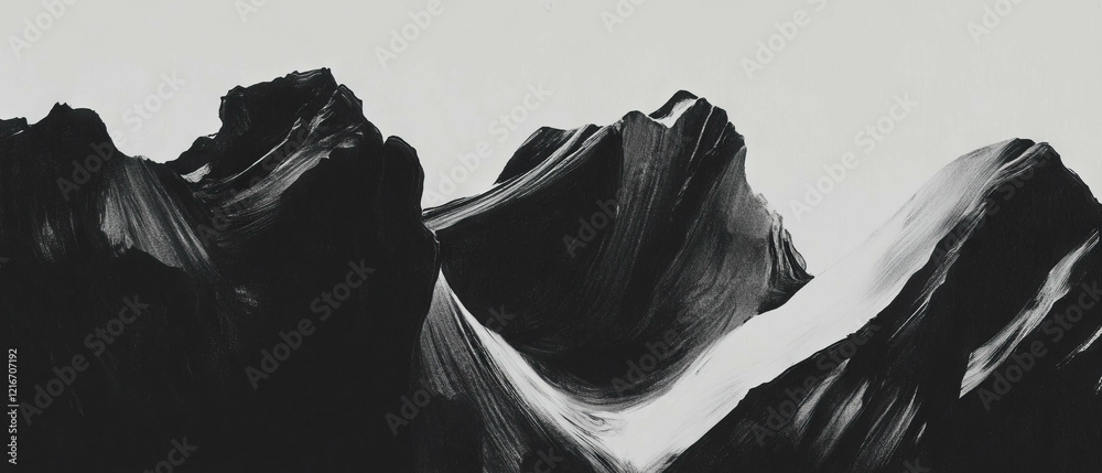 Poster bold contrasts highlight the texture of black ink resembling abstract mountain formations