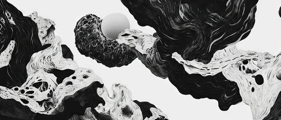 Intricate black ink patterns on a crisp white background create an elegant artistic display